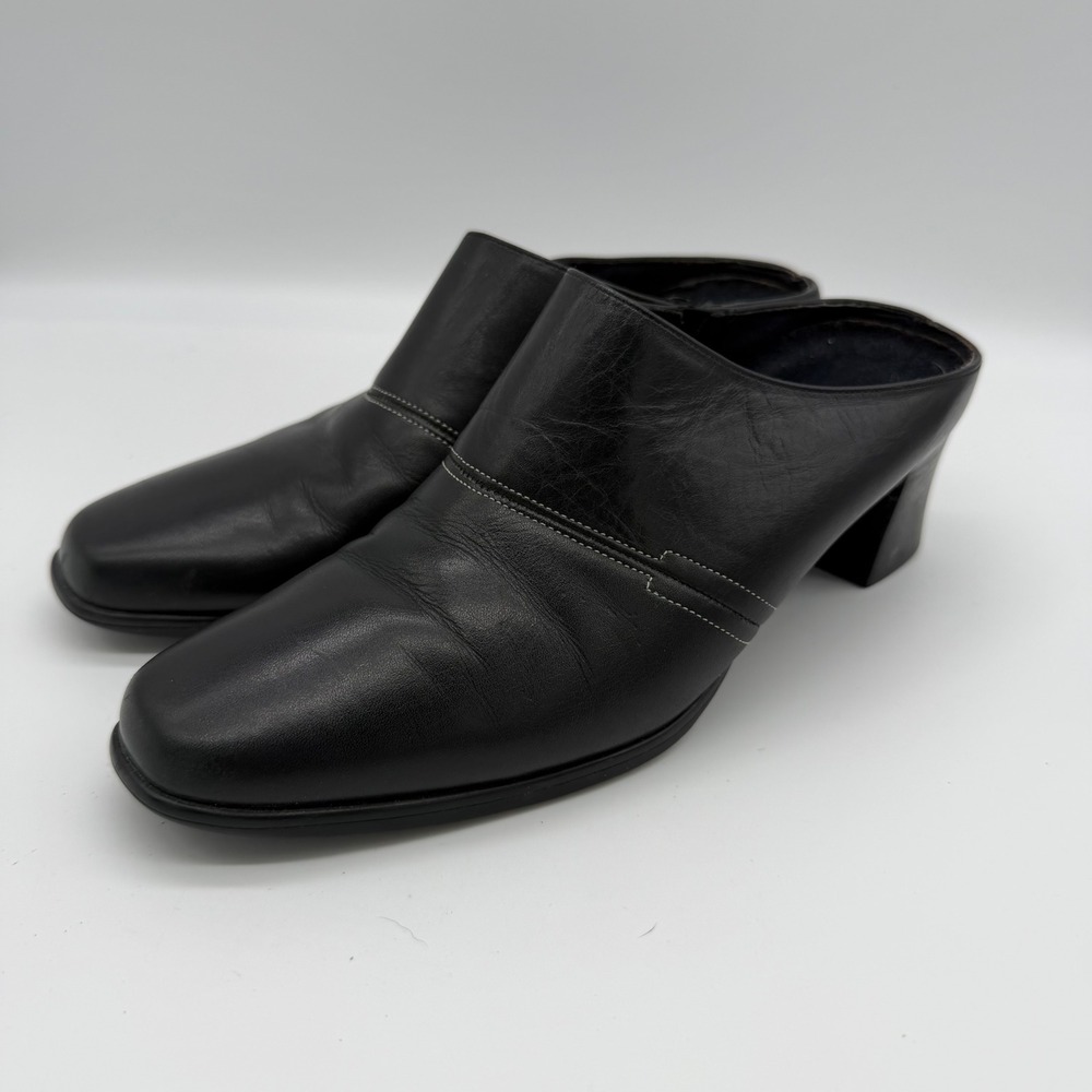Munro American Women Black‎ Leather Heeled Mules Clogs Square Toe Size 6M
